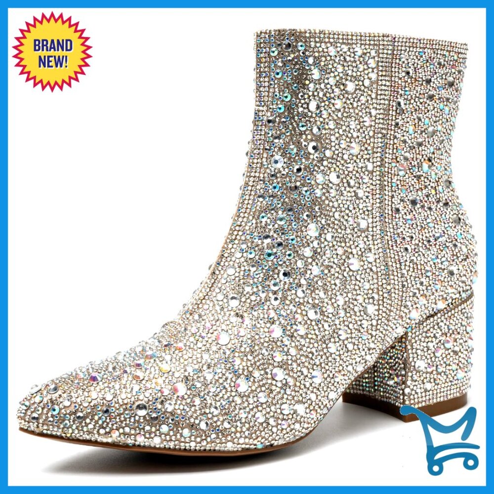 Sparkly Rhinestone Ankle Boots, Pointed Toe Chunky Heel Western Pull On